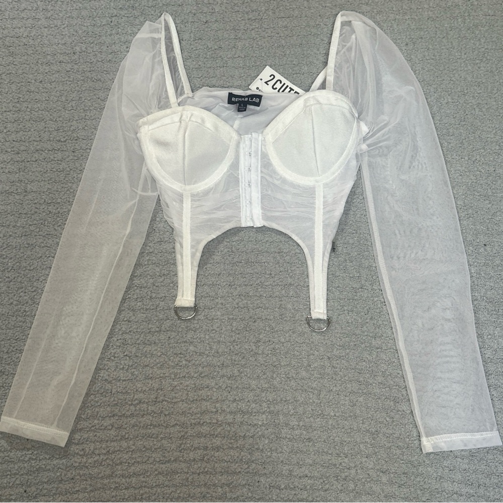 REHAB LAB Sheer White Corset Crop Top Ruched Detail Size Large NWT